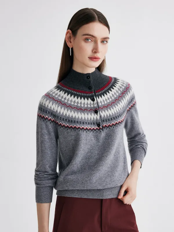 100% Cashmere Women's Fair Isle Mock Neck Button Front Sweater sold by CB Cashmere