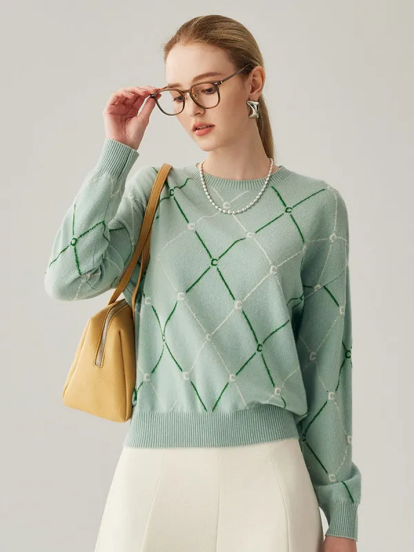 100% Cashmere Women's Diamond Patterned Round Neck Sweater sold by COMOBOCA
