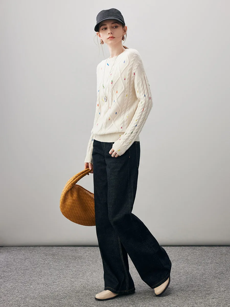 100% Cashmere Women's Cable Knit Colorful Accents Sweater sold by COMOBOCA product image thumbnail 2