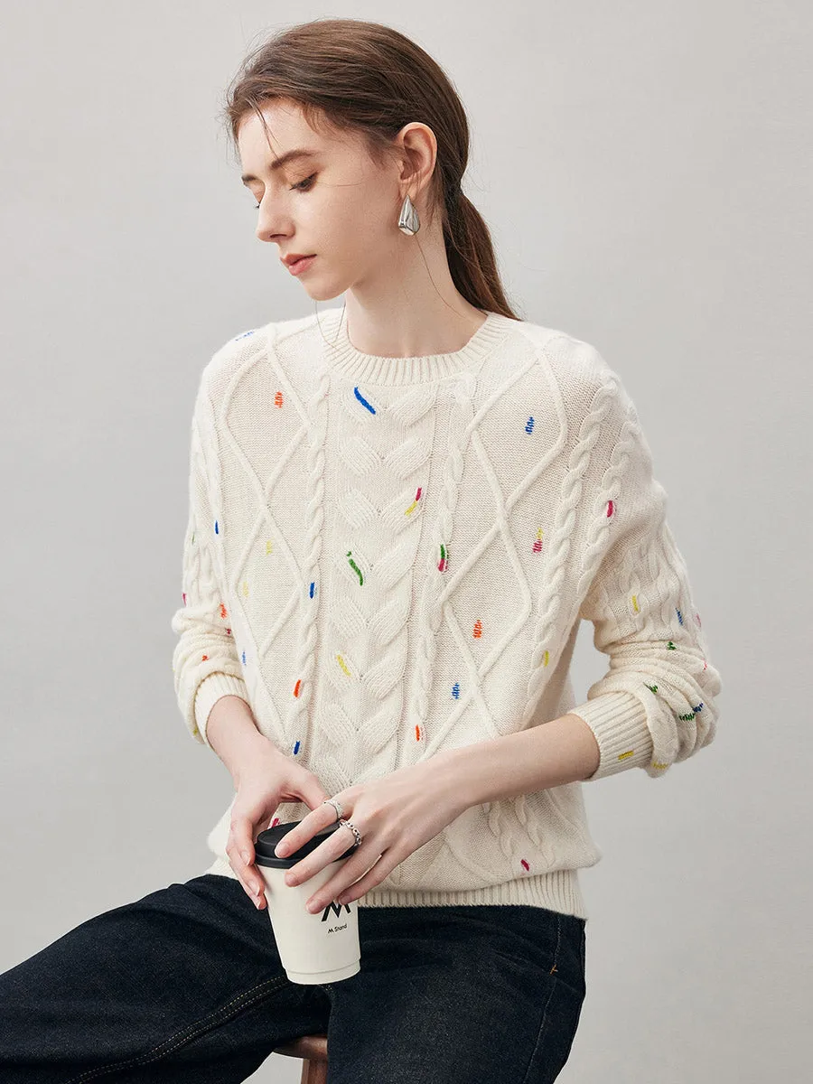 100% Cashmere Women's Cable Knit Colorful Accents Sweater sold by COMOBOCA product image thumbnail 3