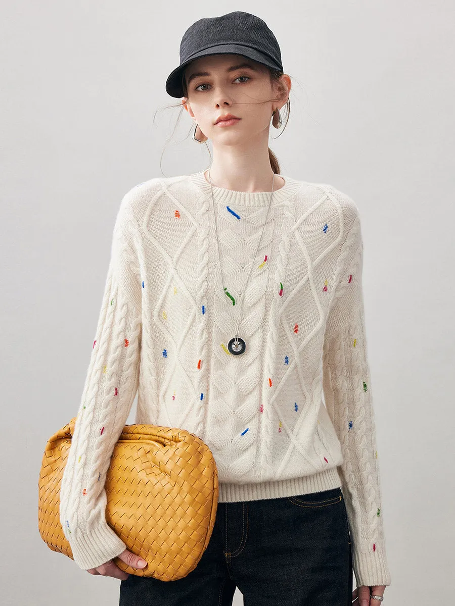 100% Cashmere Women's Cable Knit Colorful Accents Sweater sold by COMOBOCA