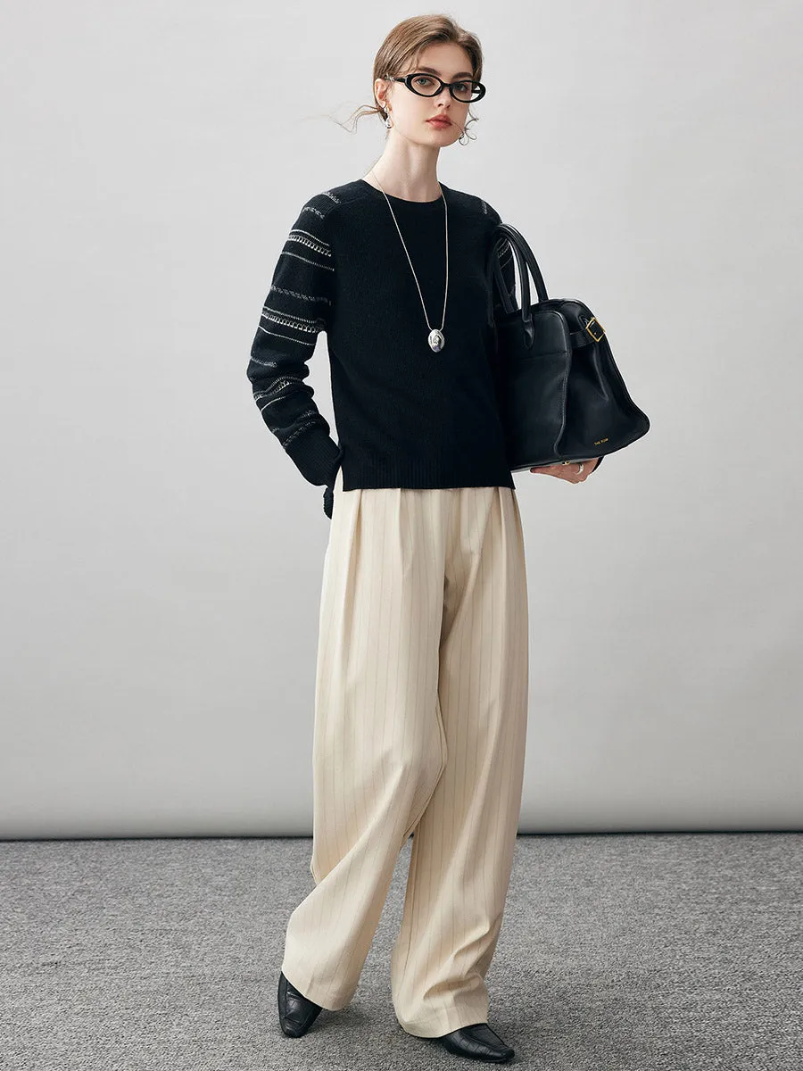 100% Cashmere Women's Striped Sleeve Round Neck Sweater sold by COMOBOCA product image thumbnail 2