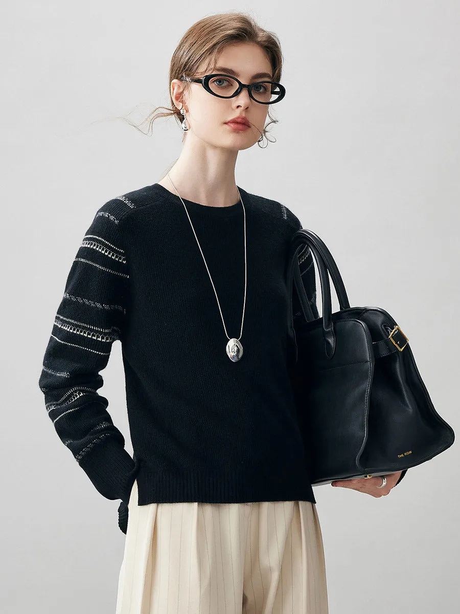 100% Cashmere Women's Striped Sleeve Round Neck Sweater sold by COMOBOCA product image thumbnail 3