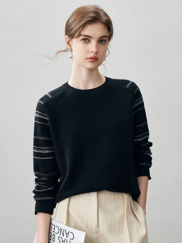 100% Cashmere Women's Striped Sleeve Round Neck Sweater sold by COMOBOCA