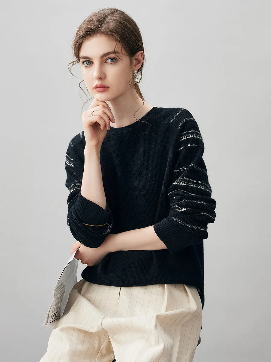 100% Cashmere Women's Striped Sleeve Round Neck Sweater sold by COMOBOCA product image thumbnail 5