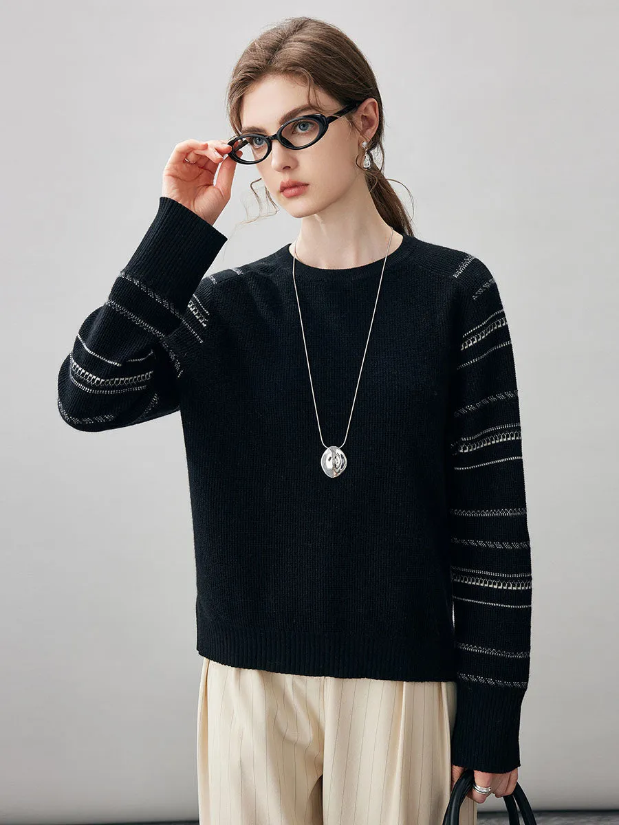 100% Cashmere Women's Striped Sleeve Round Neck Sweater sold by COMOBOCA product image thumbnail 4