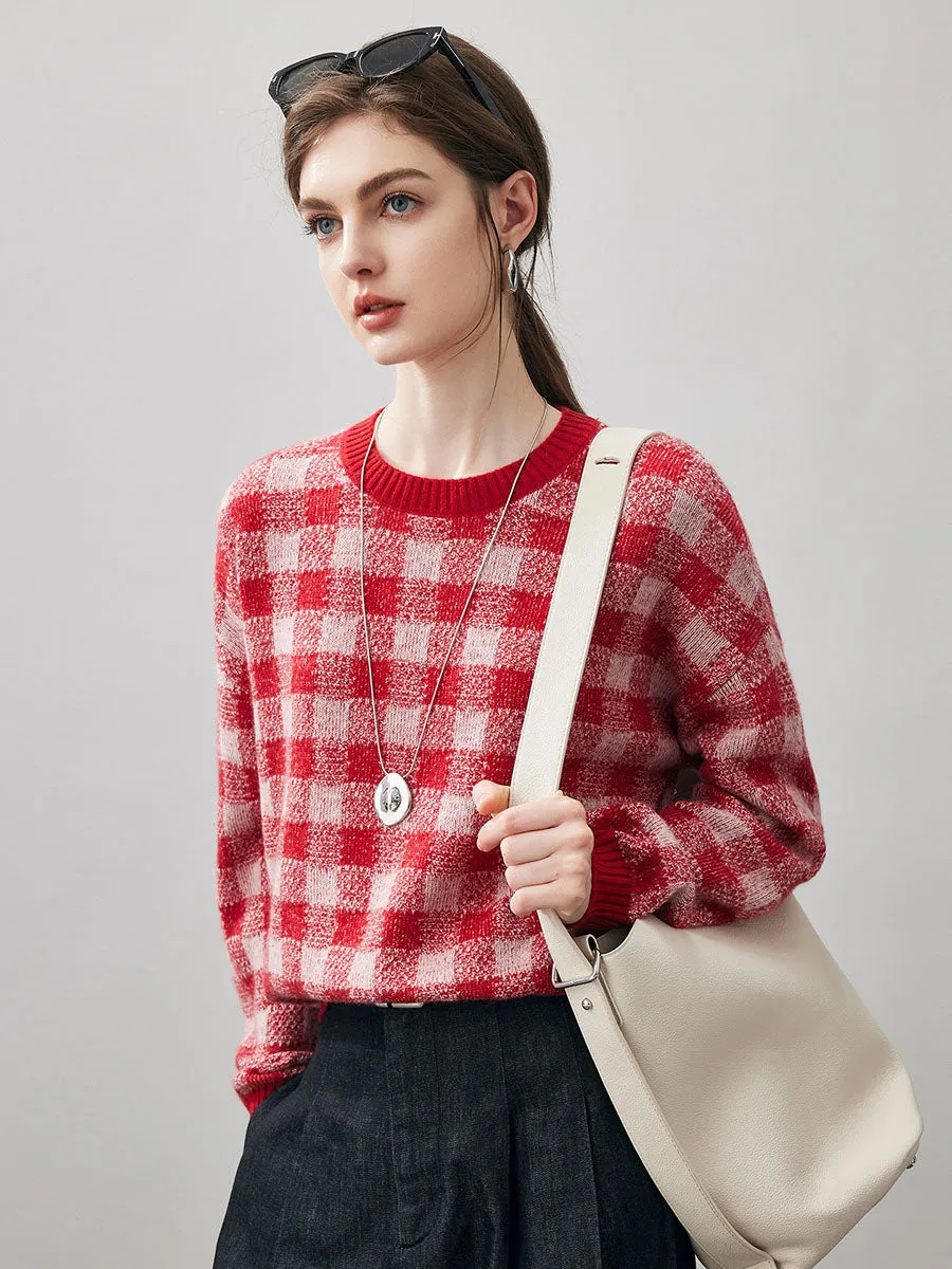 100% Cashmere Women's Checkered Round Neck Sweater sold by COMOBOCA product image thumbnail 4