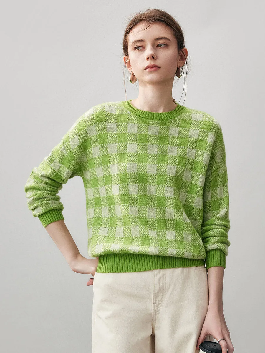 100% Cashmere Women's Checkered Round Neck Sweater sold by COMOBOCA product image thumbnail 2