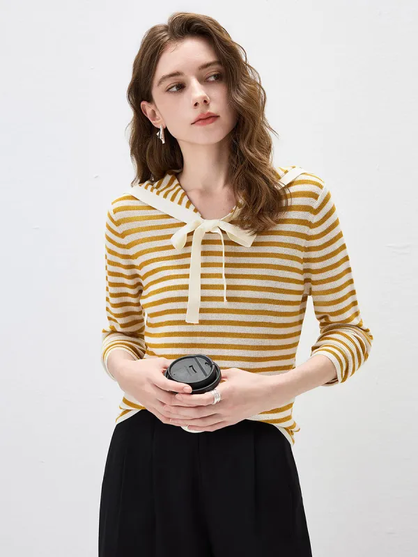 Women's Striped Sailor Collar Tie Front Knit Sweater sold by COMOBOCA