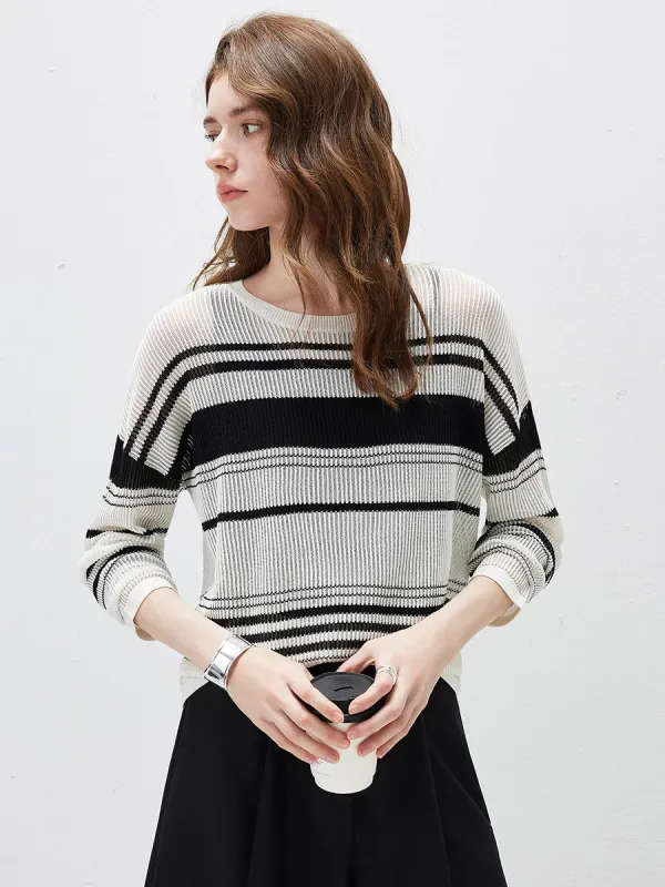 Women's Asymmetric Stripe Mesh Knit Round Neck Sweater sold by COMOBOCA