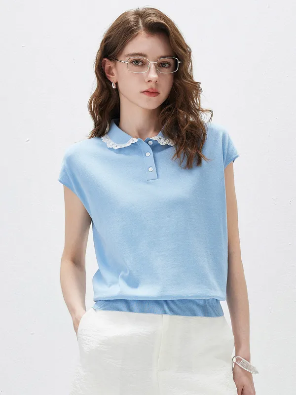 Women's Lace Trim Collar Knit Polo T-Shirt made by COMOBOCA