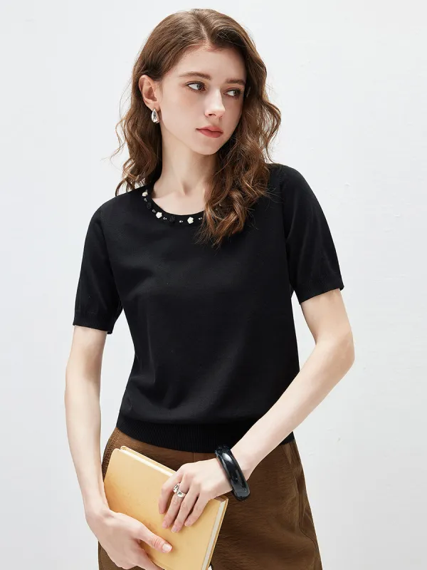 Women's Rhinestone Trim Knit T-Shirt sold by COMOBOCA