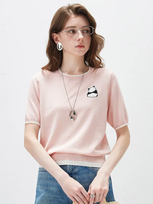 Women's Panda Motif Contrast Trim Knit T-Shirt sold by COMOBOCA