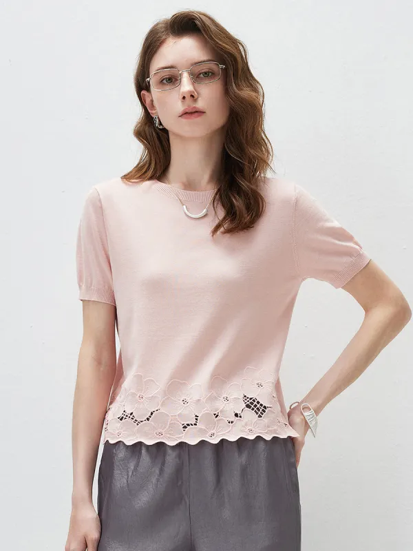 Women's Floral Lace Trim Knit T-Shirt sold by COMOBOCA