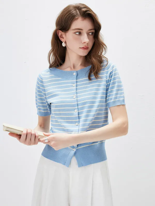 Women's Striped Short Sleeve Knit Cardigan made by COMOBOCA