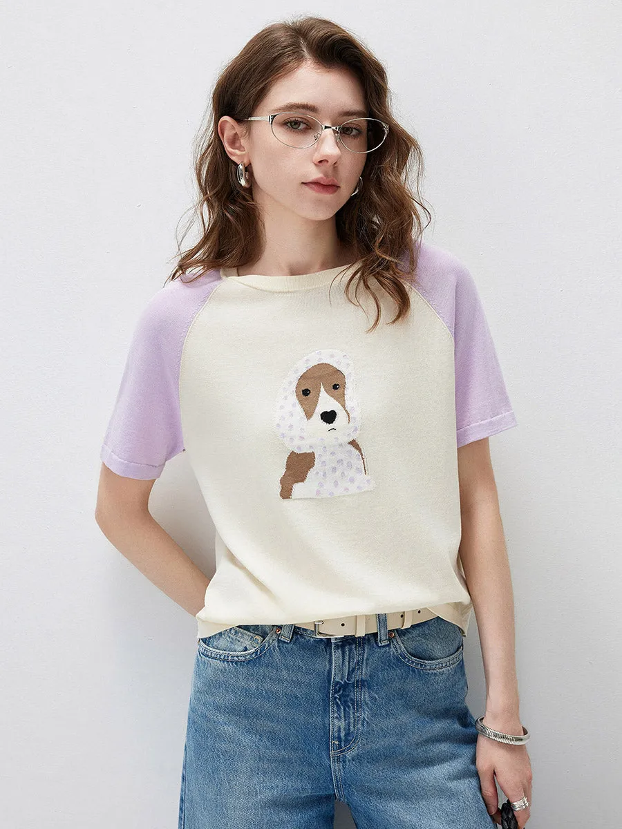 Women's Puppy Intarsia Raglan Sleeve Knit T-Shirt sold by COMOBOCA