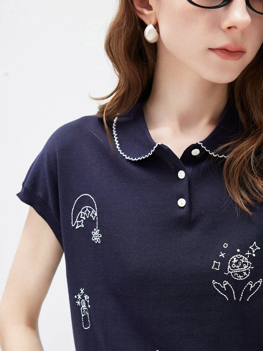 Women's Embroidered Collared Knit T-Shirt sold by COMOBOCA product image thumbnail 5