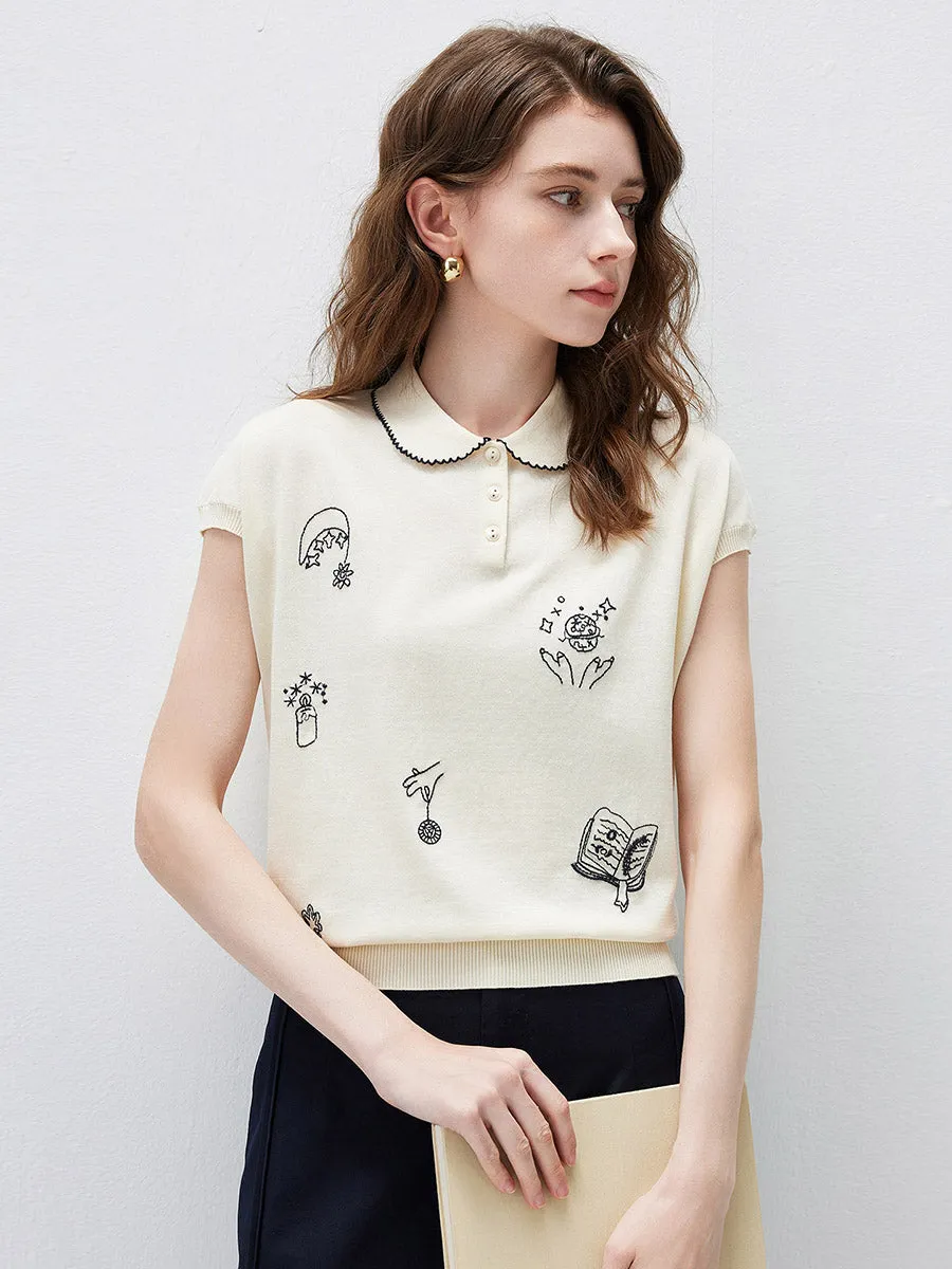 Women's Embroidered Collared Knit T-Shirt sold by COMOBOCA product image thumbnail 2