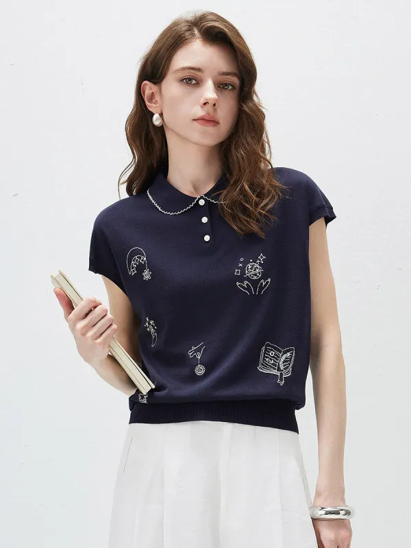 Women's Embroidered Collared Knit T-Shirt made by COMOBOCA