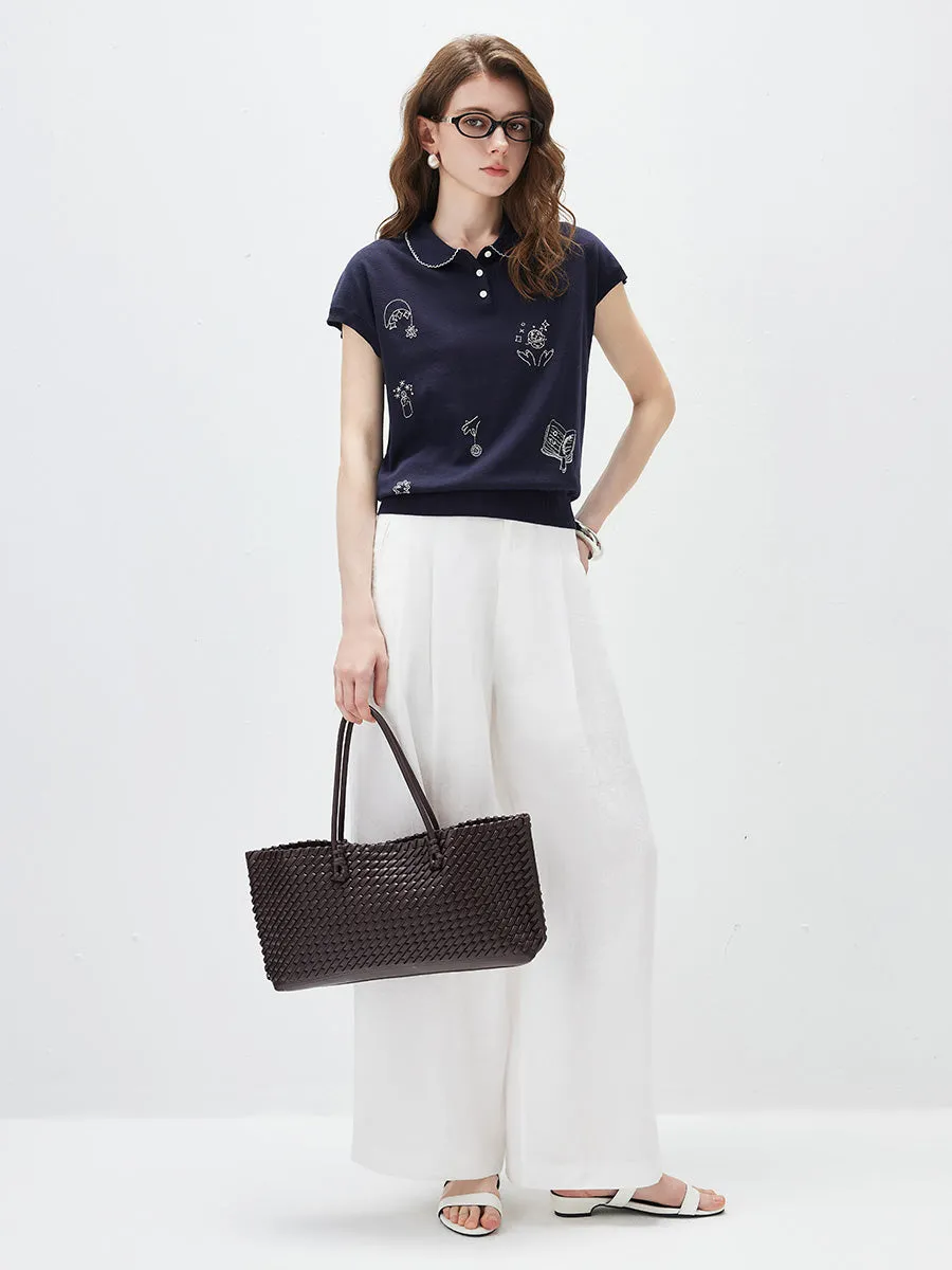 Women's Embroidered Collared Knit T-Shirt sold by COMOBOCA product image thumbnail 3