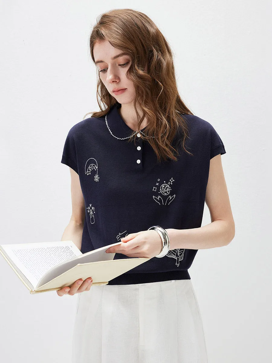 Women's Embroidered Collared Knit T-Shirt sold by COMOBOCA product image thumbnail 4
