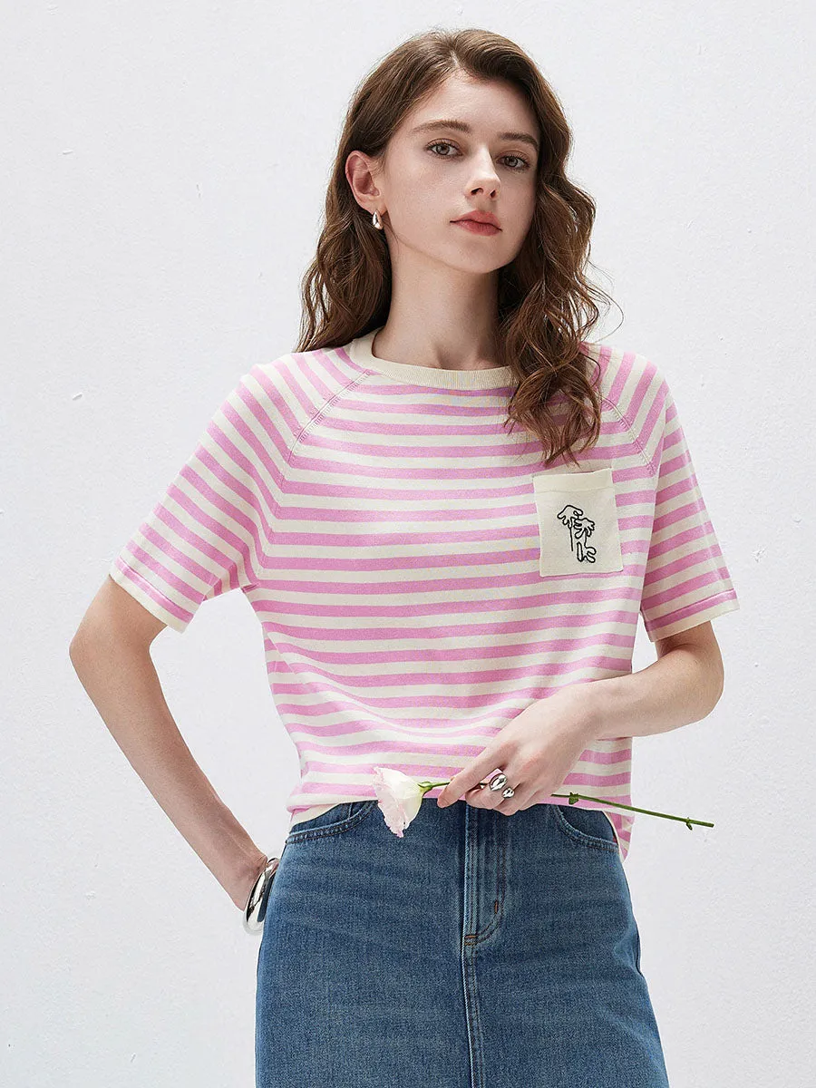 Women's Striped Embroidered Pocket Knit T-Shirt sold by COMOBOCA product image thumbnail 2