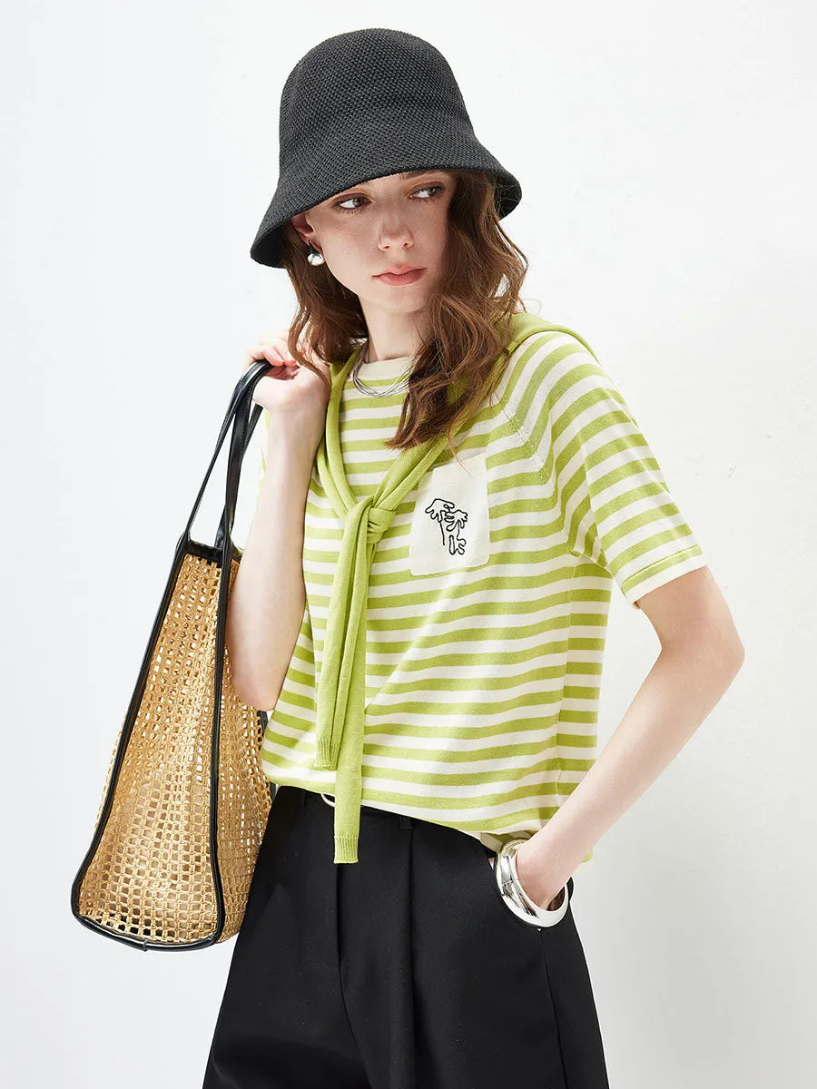 Women's Striped Embroidered Pocket Knit T-Shirt sold by COMOBOCA product image thumbnail 4