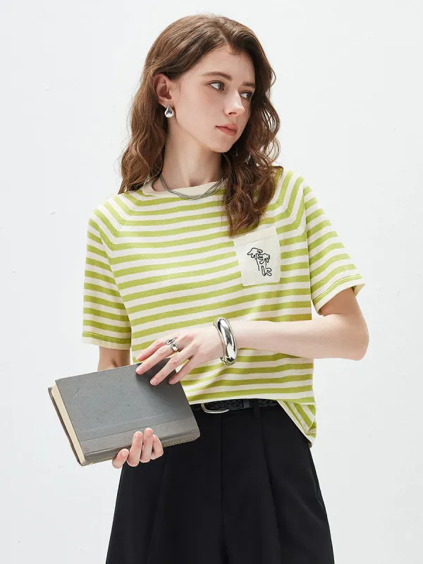 Women's Striped Embroidered Pocket Knit T-Shirt sold by COMOBOCA