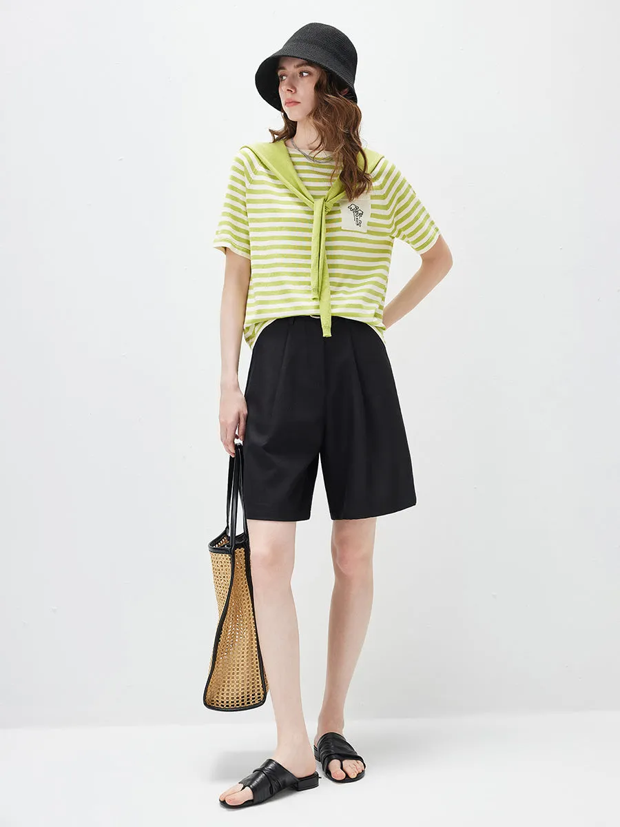 Women's Striped Embroidered Pocket Knit T-Shirt sold by COMOBOCA product image thumbnail 3