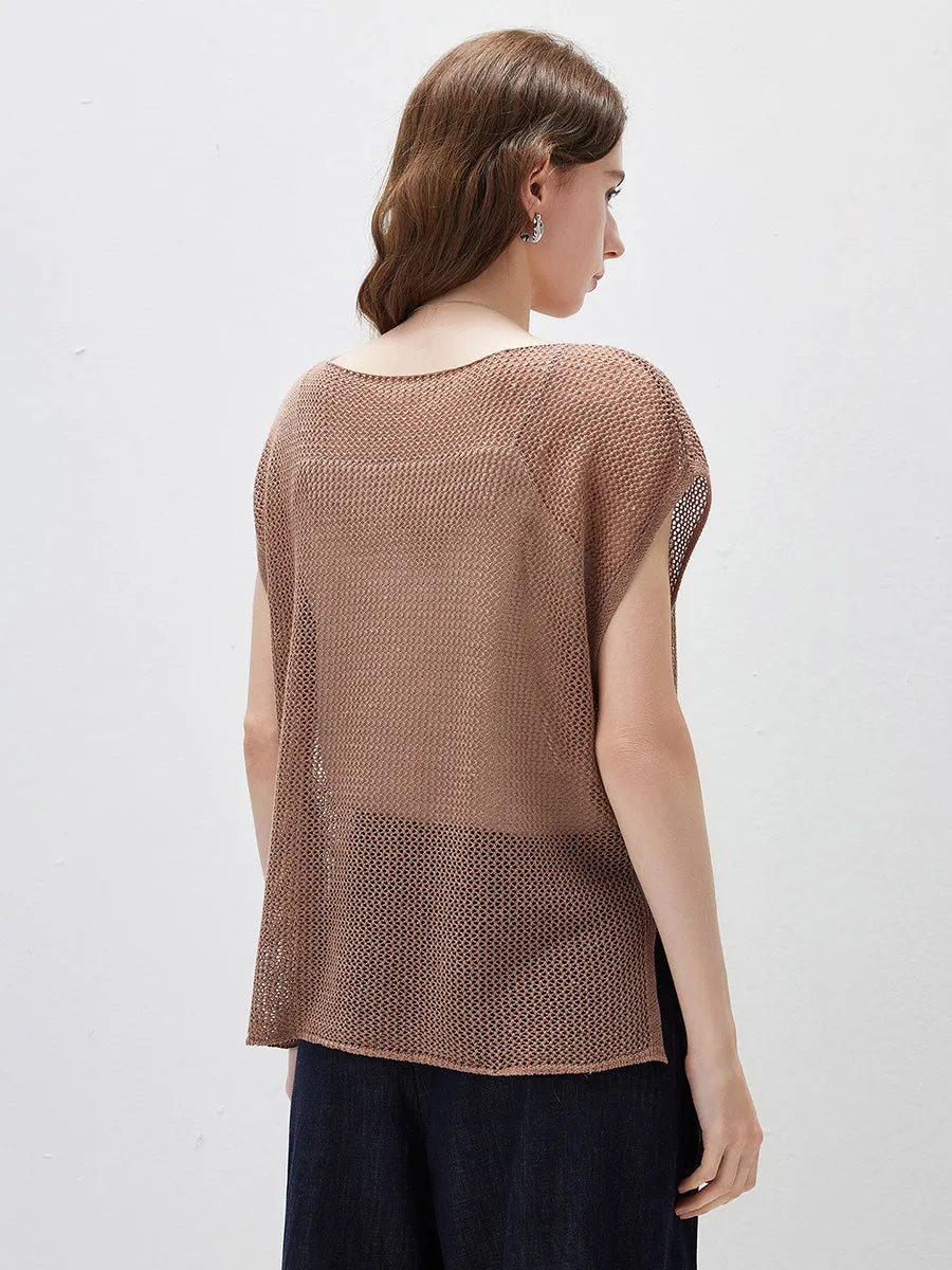 Women's Sheer Mesh Knit Cap Sleeve Top with Side Slit sold by COMOBOCA product image thumbnail 4