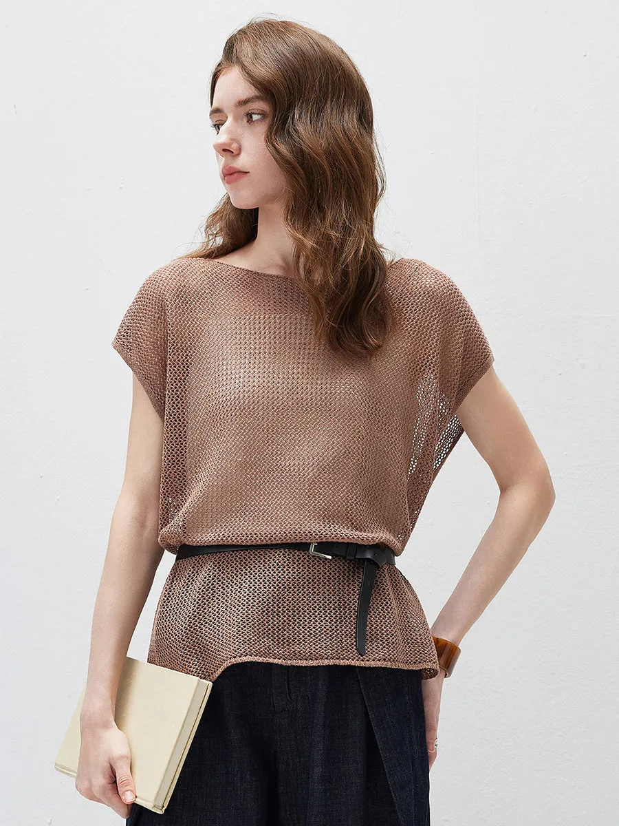 Women's Sheer Mesh Knit Cap Sleeve Top with Side Slit sold by COMOBOCA