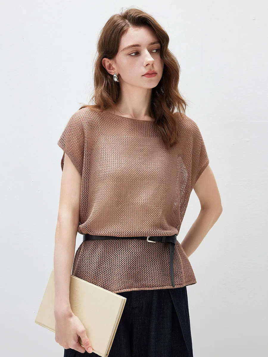 Women's Sheer Mesh Knit Cap Sleeve Top with Side Slit sold by COMOBOCA product image thumbnail 3