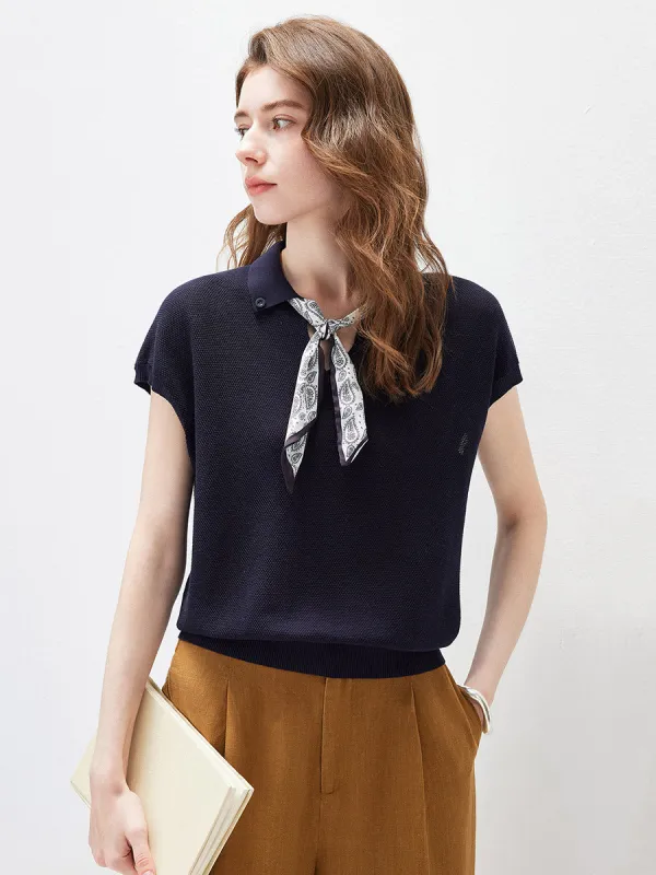 Women's Paisley Scarf Polo Collar Waffle Knit T-Shirt made by COMOBOCA