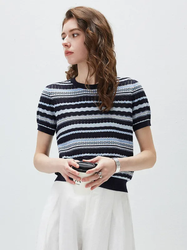 Women's Mixed Stitch Striped Semi Sheer Knit T-Shirt sold by COMOBOCA