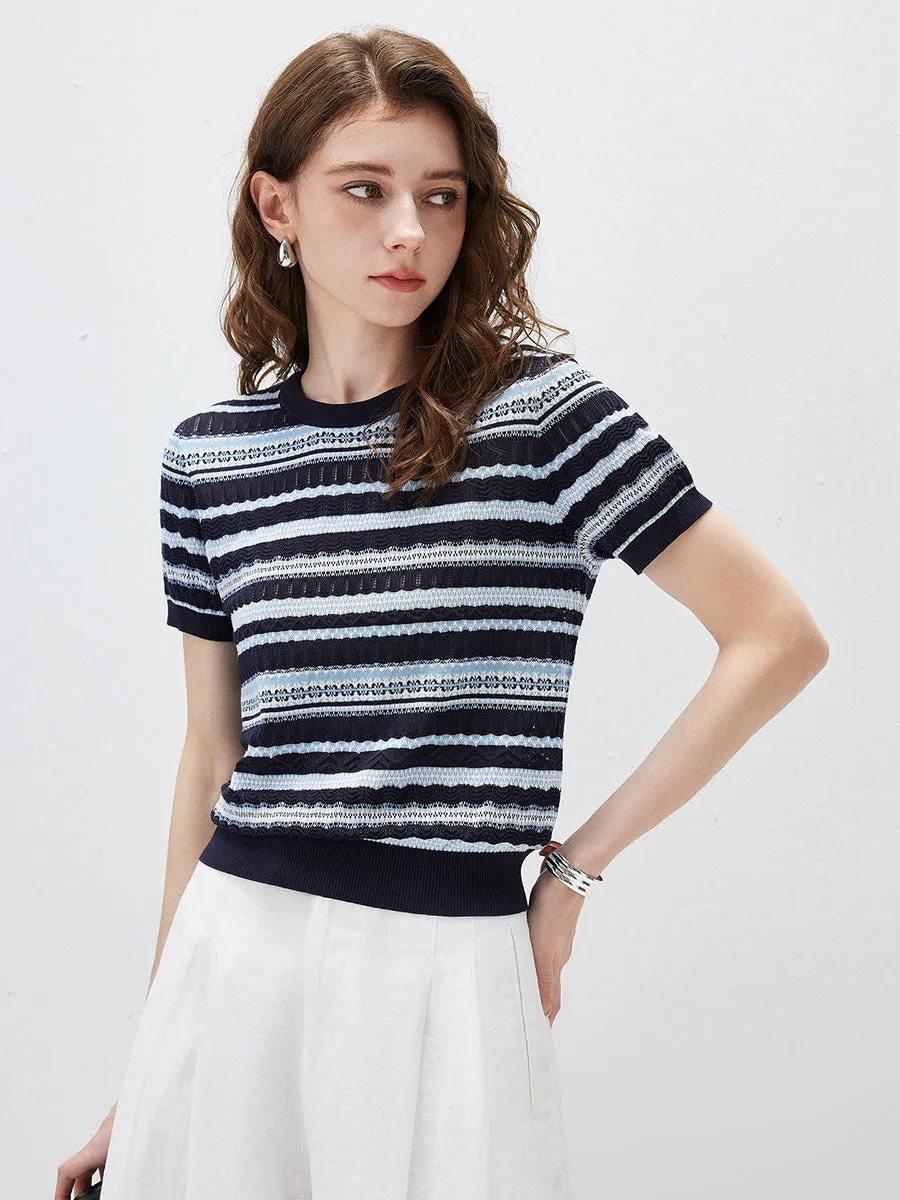 Women's Mixed Stitch Striped Semi Sheer Knit T-Shirt sold by COMOBOCA product image thumbnail 3