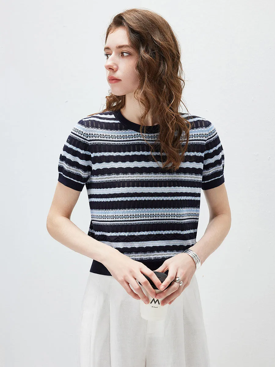 Women's Mixed Stitch Striped Semi Sheer Knit T-Shirt sold by COMOBOCA product image thumbnail 4