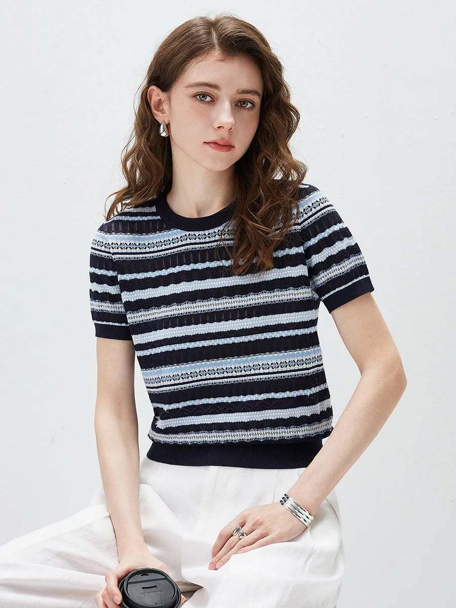Women's Mixed Stitch Striped Semi Sheer Knit T-Shirt sold by COMOBOCA product image thumbnail 5
