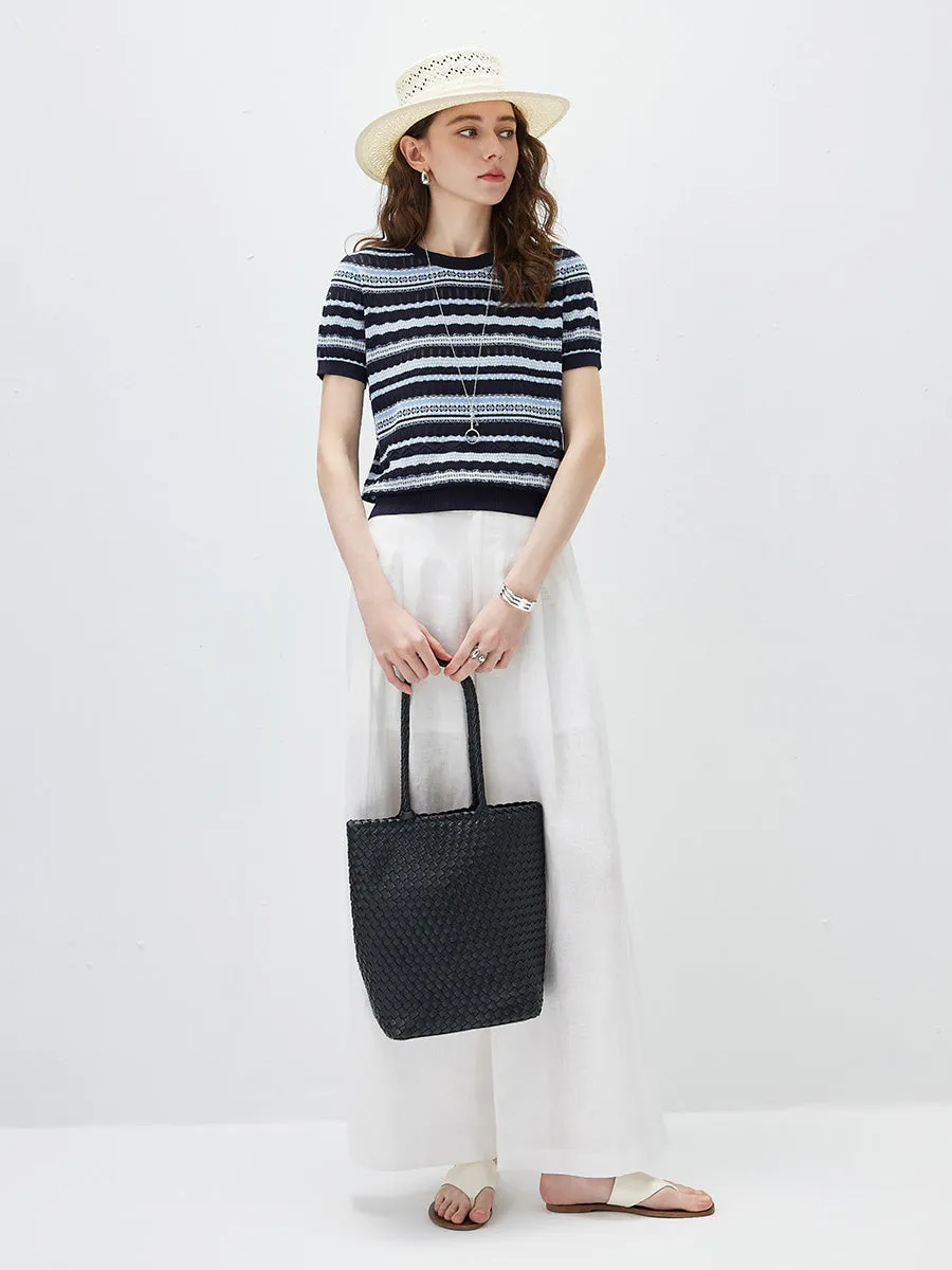 Women's Mixed Stitch Striped Semi Sheer Knit T-Shirt sold by COMOBOCA product image thumbnail 2