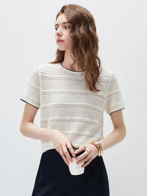Women’s Silk-Cotton Round Neck Knit T-Shirt with Contrast-Trim Edging made by COMOBOCA