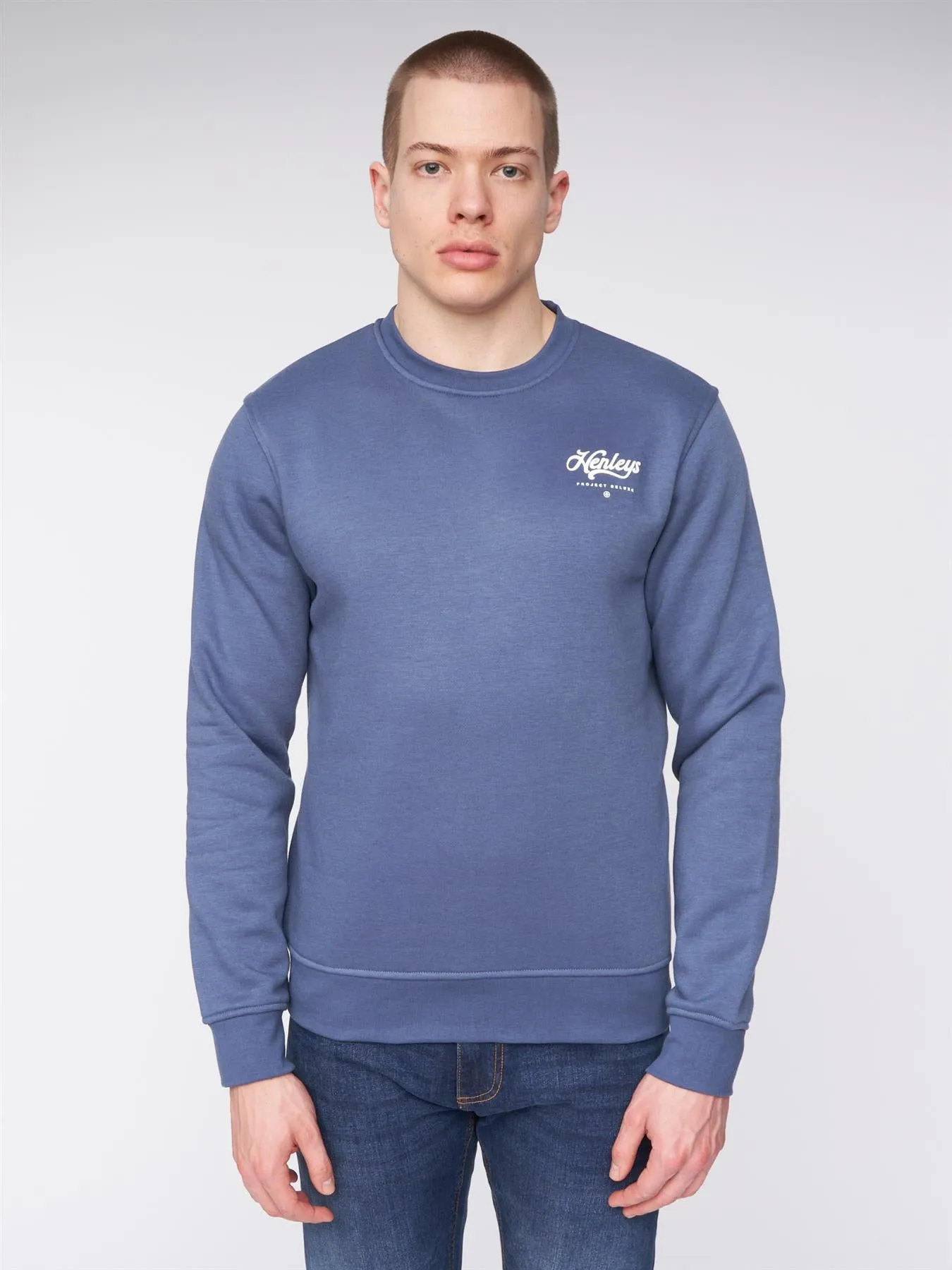 Scripthen Crew Sweat Deep Blue sold by Henleys