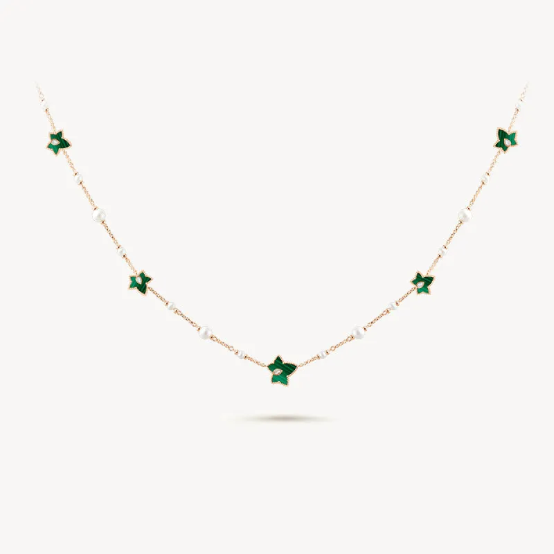 [New In] Malachite-Freshwater Pearl Bead Necklace, 5-leaf motif sold by Lola Rose