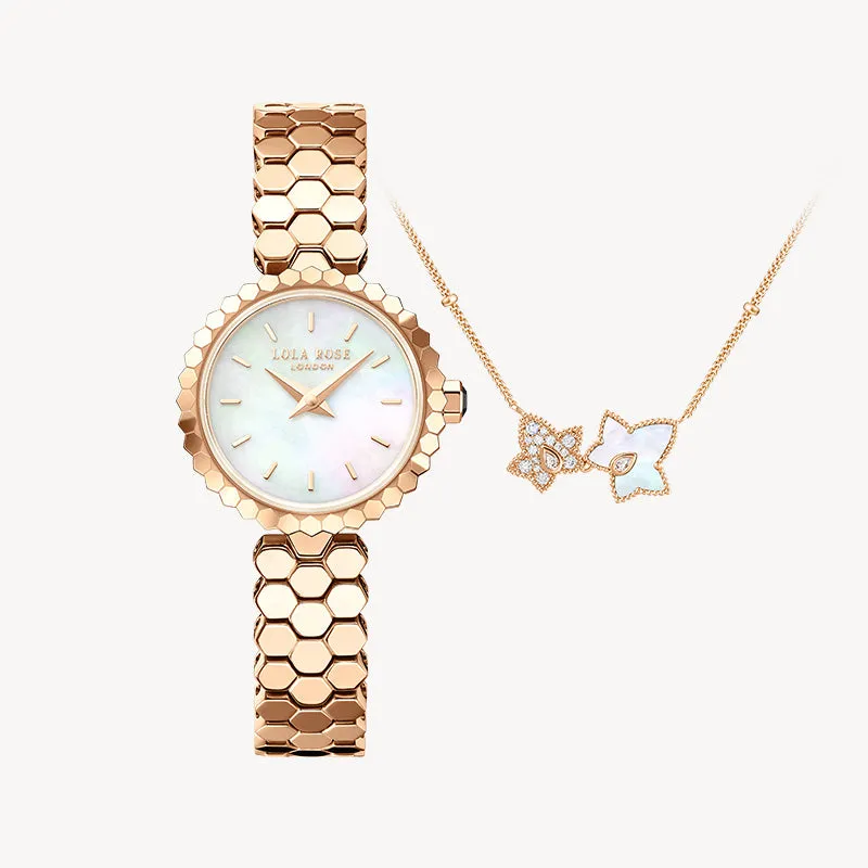 Honeycomb Mother of Pearl Watch & Ivy Necklace Gift Set sold by Lola Rose