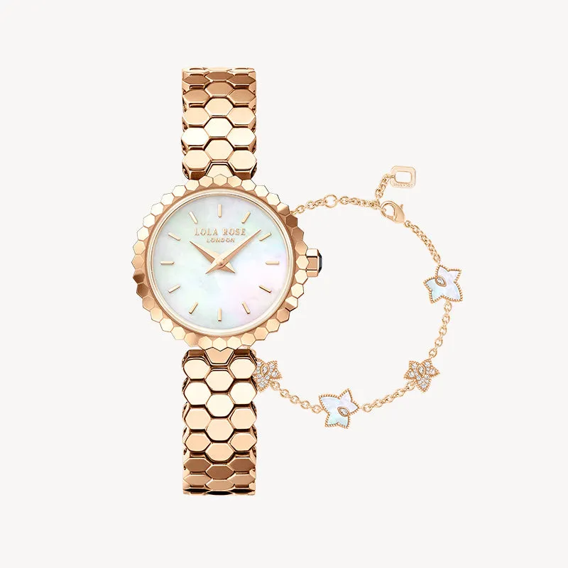 Honeycomb Mother of Pearl Watch & Ivy Bracelet Gift Set sold by Lola Rose