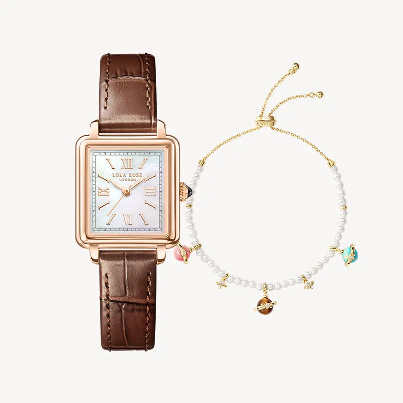 Cube Mother of Pearl Watch & Pearl Bracelet Gift Set sold by Lola Rose