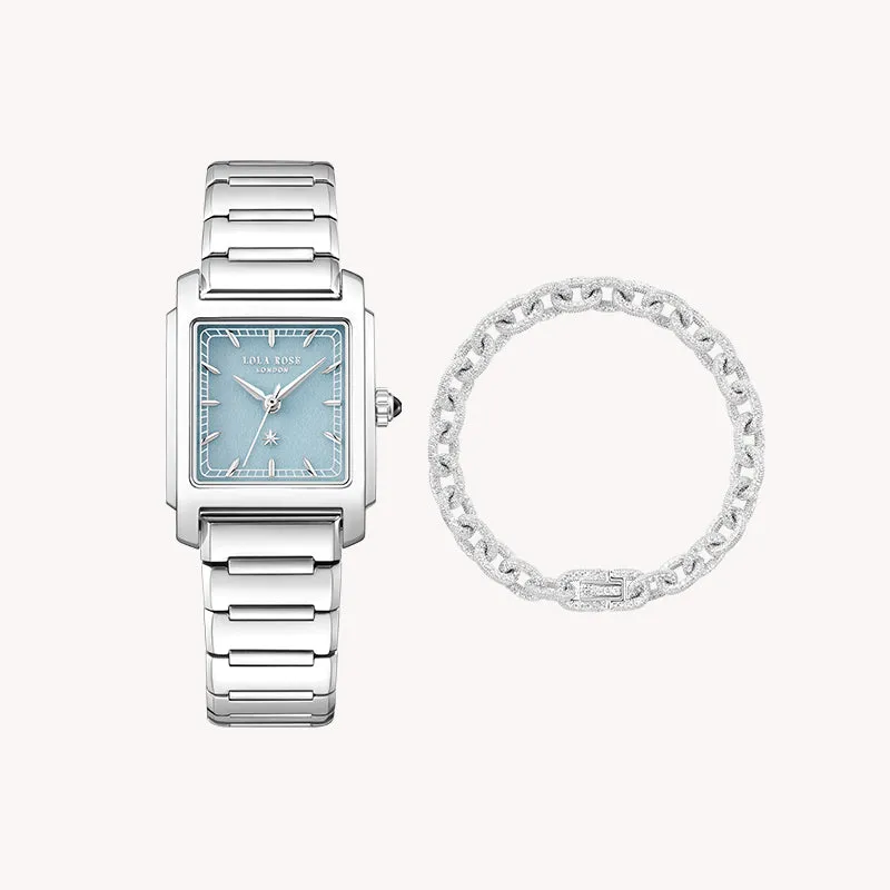 Urban Blue Square Quartzite Jade Watch & Oval Chain Bracelet Gift Set made by Lola Rose