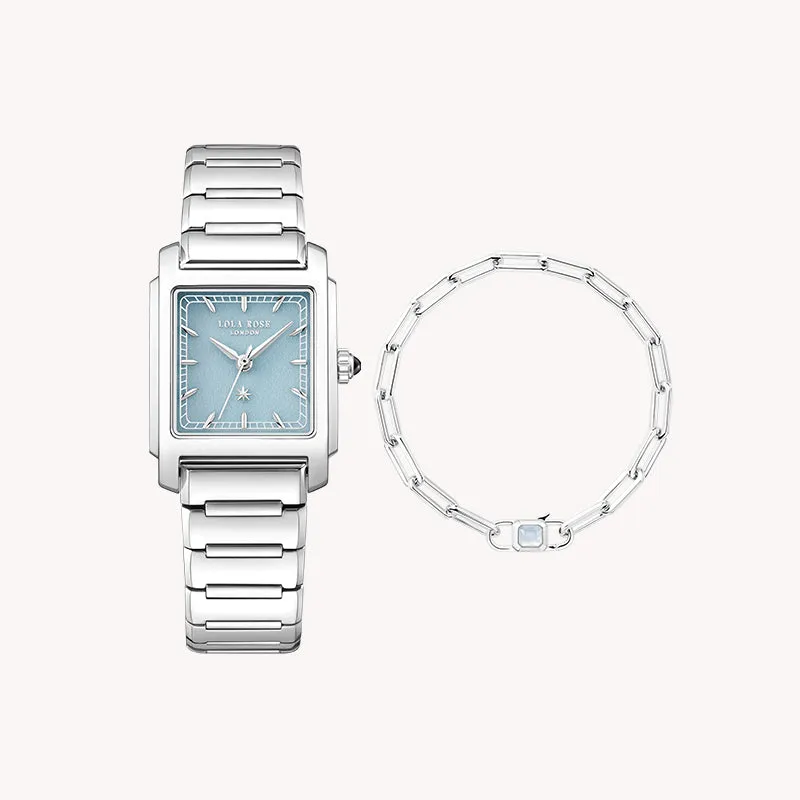 Urban Blue Square Quartzite Jade Watch & Link Chain Bracelet Gift Set made by Lola Rose