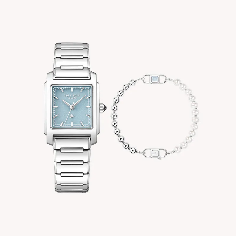 Urban Blue Square Quartzite Jade Watch & Pearl Crystal Bracelet Gift Set sold by Lola Rose