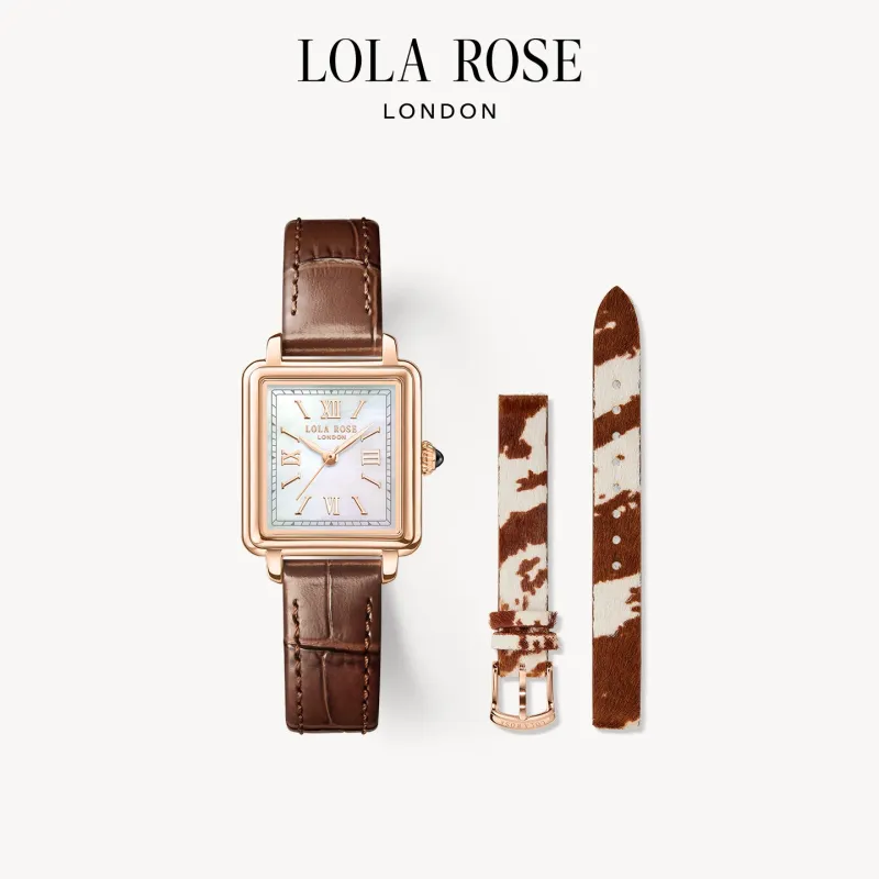 New Cube Mother of Pearl Watch with Cowhide Pattern Strap sold by Lola Rose