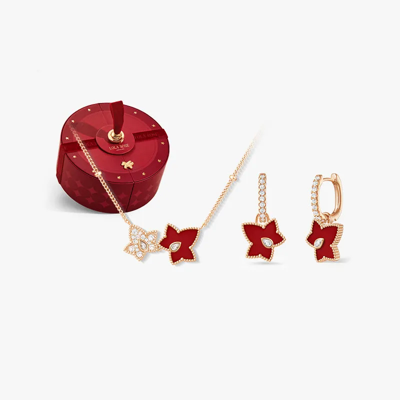 Red Carnelian Bead Necklace, 2-leaf motif & Drop Earrings in Special Limited Edition Box sold by Lola Rose