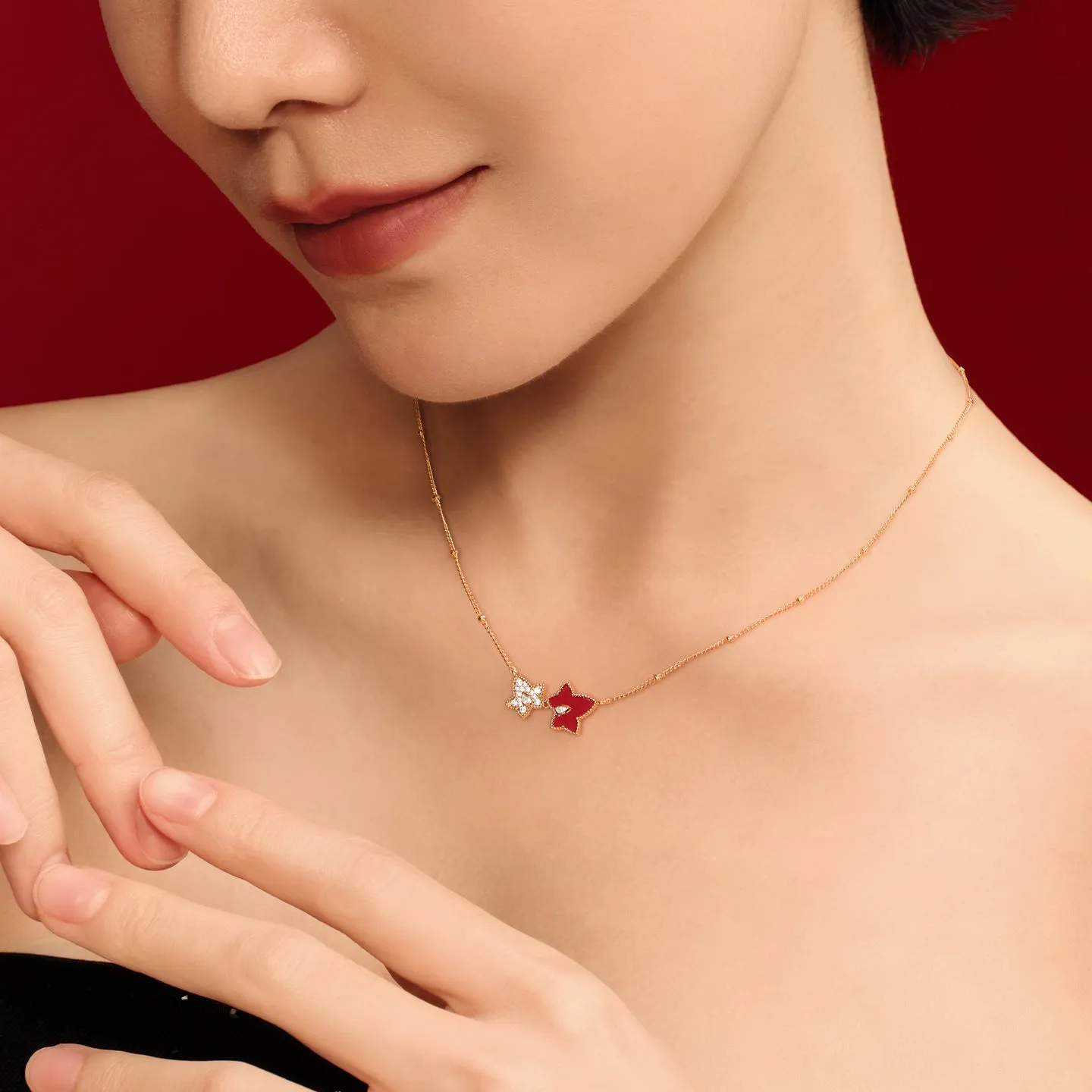 Red Carnelian Bead Necklace, 2-leaf motif sold by Lola Rose product image thumbnail 2